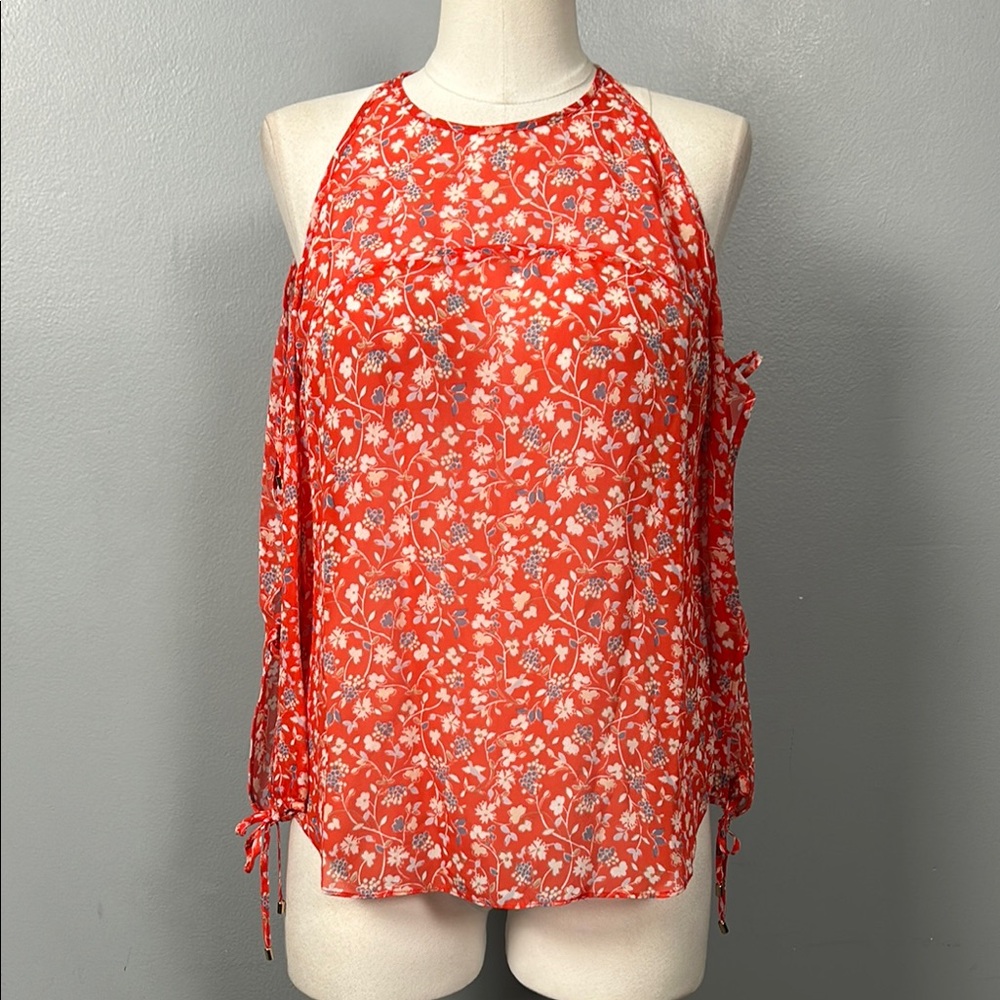 Veronica Beard Cold Shoulder Floral 100% Silk Sheer Chiffon Blouse Top Sz 6